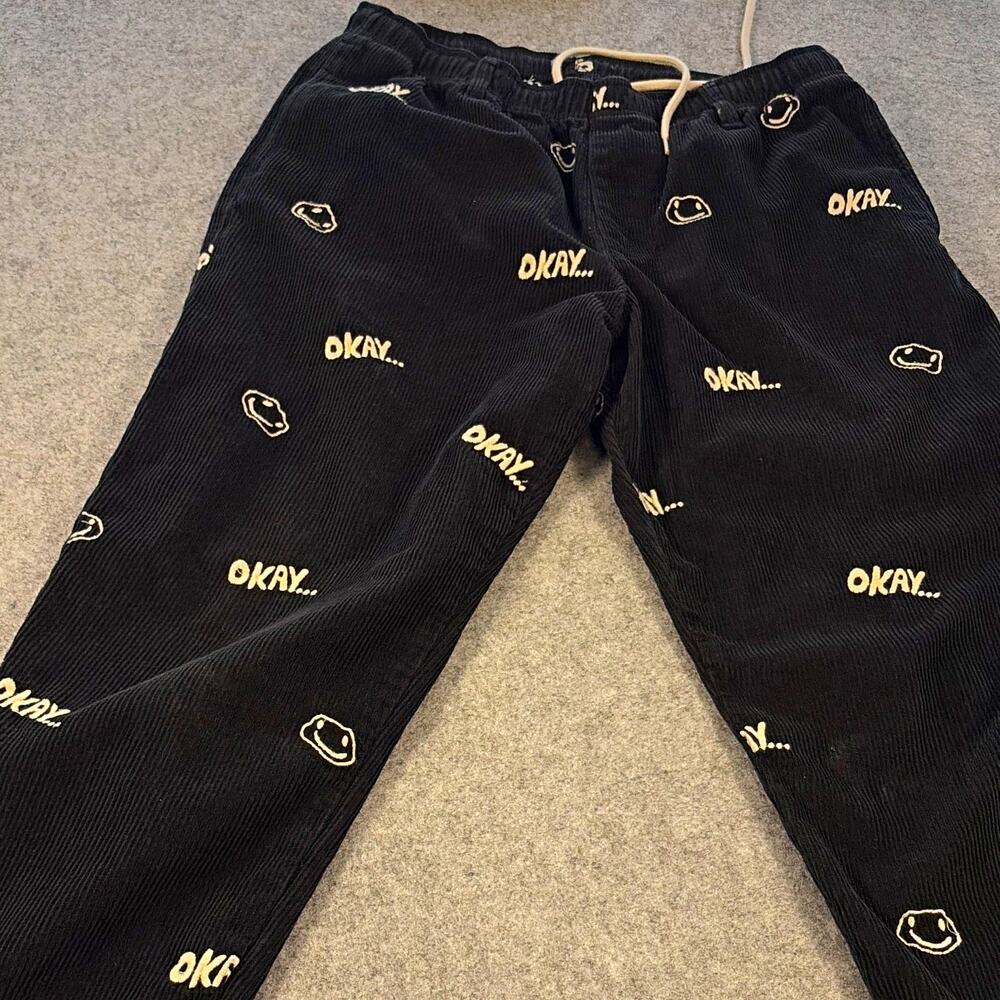 Men’s Black Corduroy Drawstring Pants Embroidered Graphic Logo Straight Leg 32